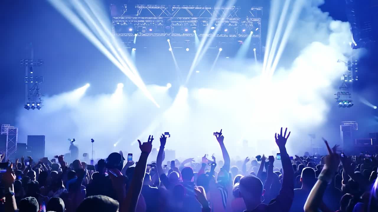 Folla di persone a un concerto con luci del palco intense