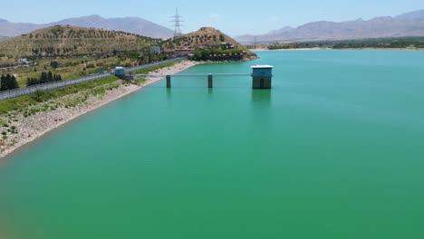 Aerial-View-of-Lake-Landscape-in-Kabul-Afghanistan,-Blue-sky