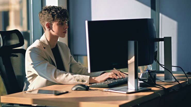 Junger Mann arbeitet an einem Computer in einem Büro