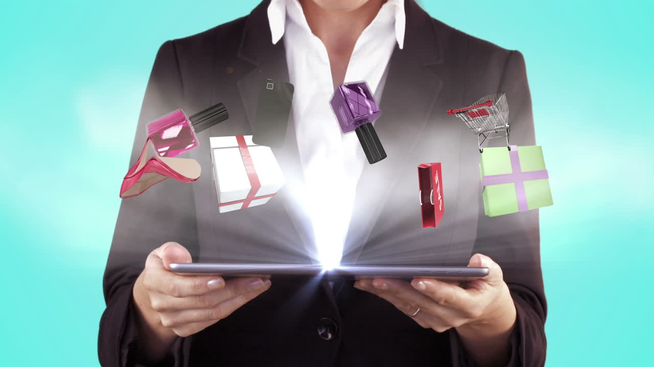 태블릿 컴퓨터로 전자 쇼핑 컨셉을 소개하는 여성