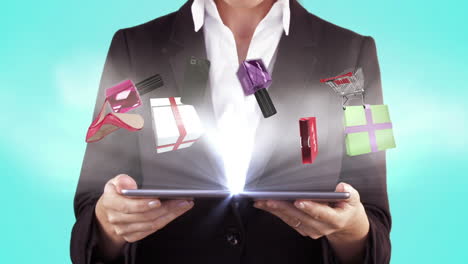 mujer presentando el concepto de compras electrónicas con una tableta