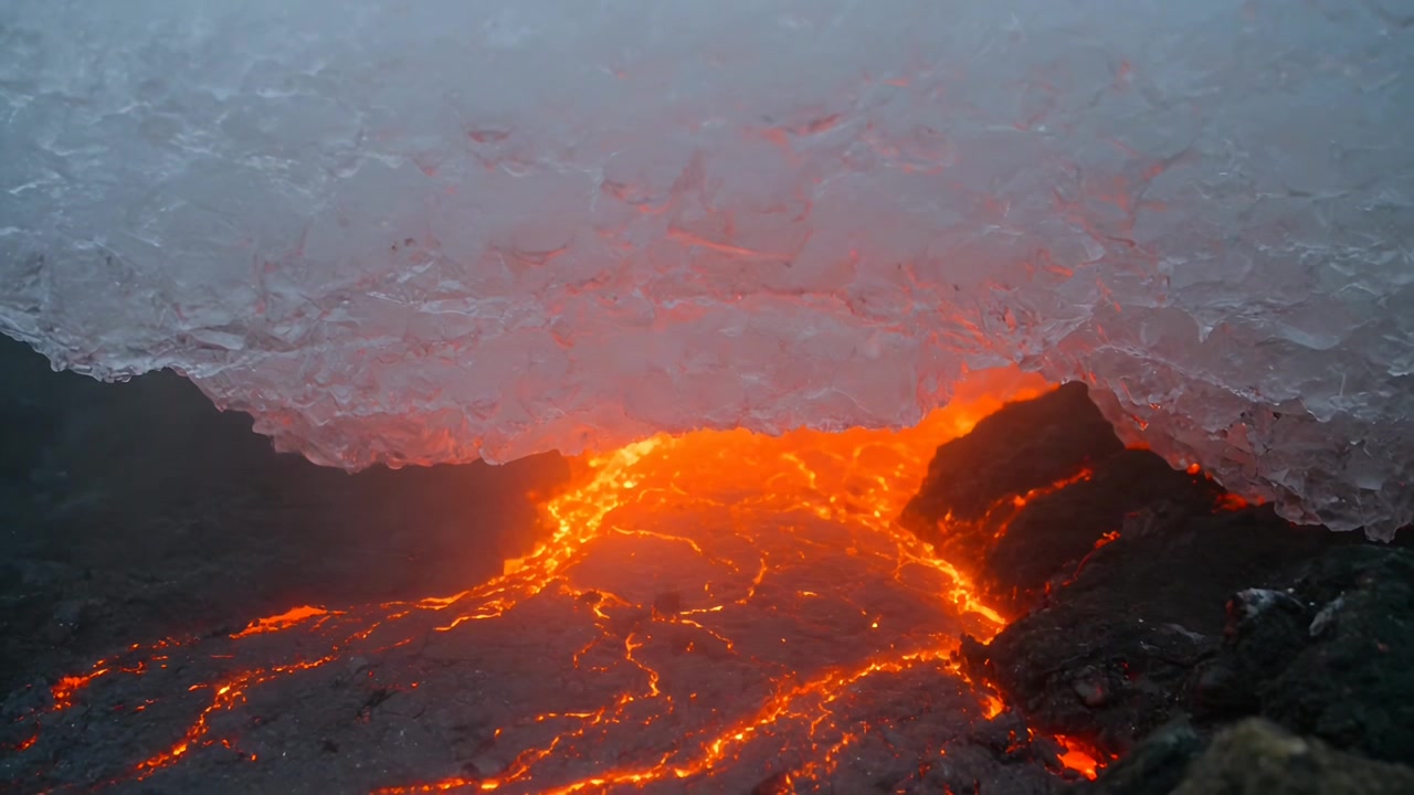 Pushing fresh lava, molten channels carving beneath glacier ice, melting rock and creating steam