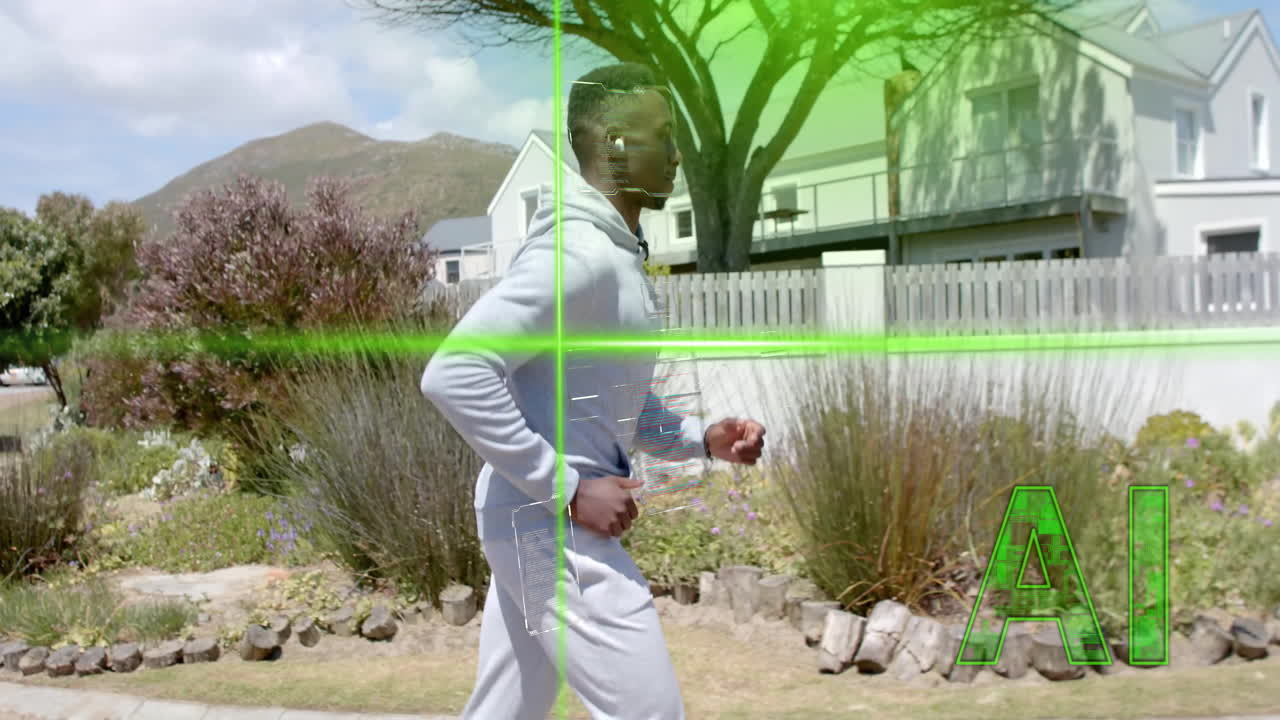 Jogging in residential area, AI scanning animation overlaying person