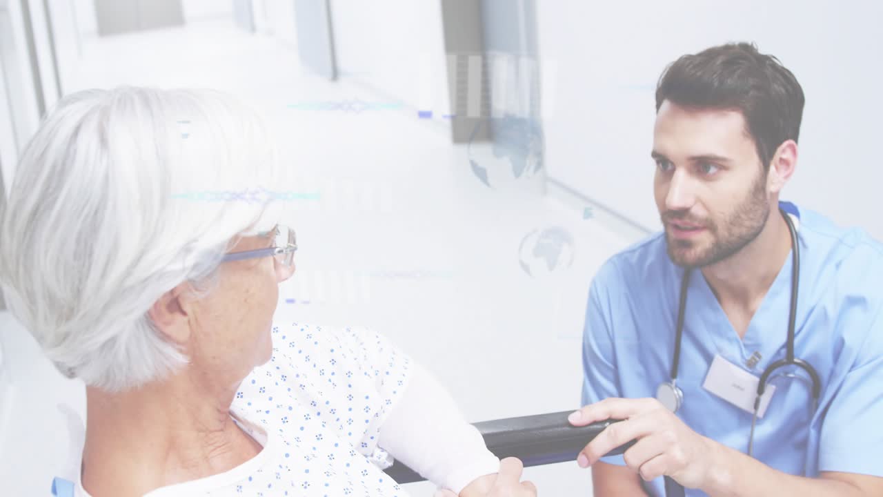 Senior patient sitting wheelchair, nurse kneeling holding rail starting care, data overlays sliding