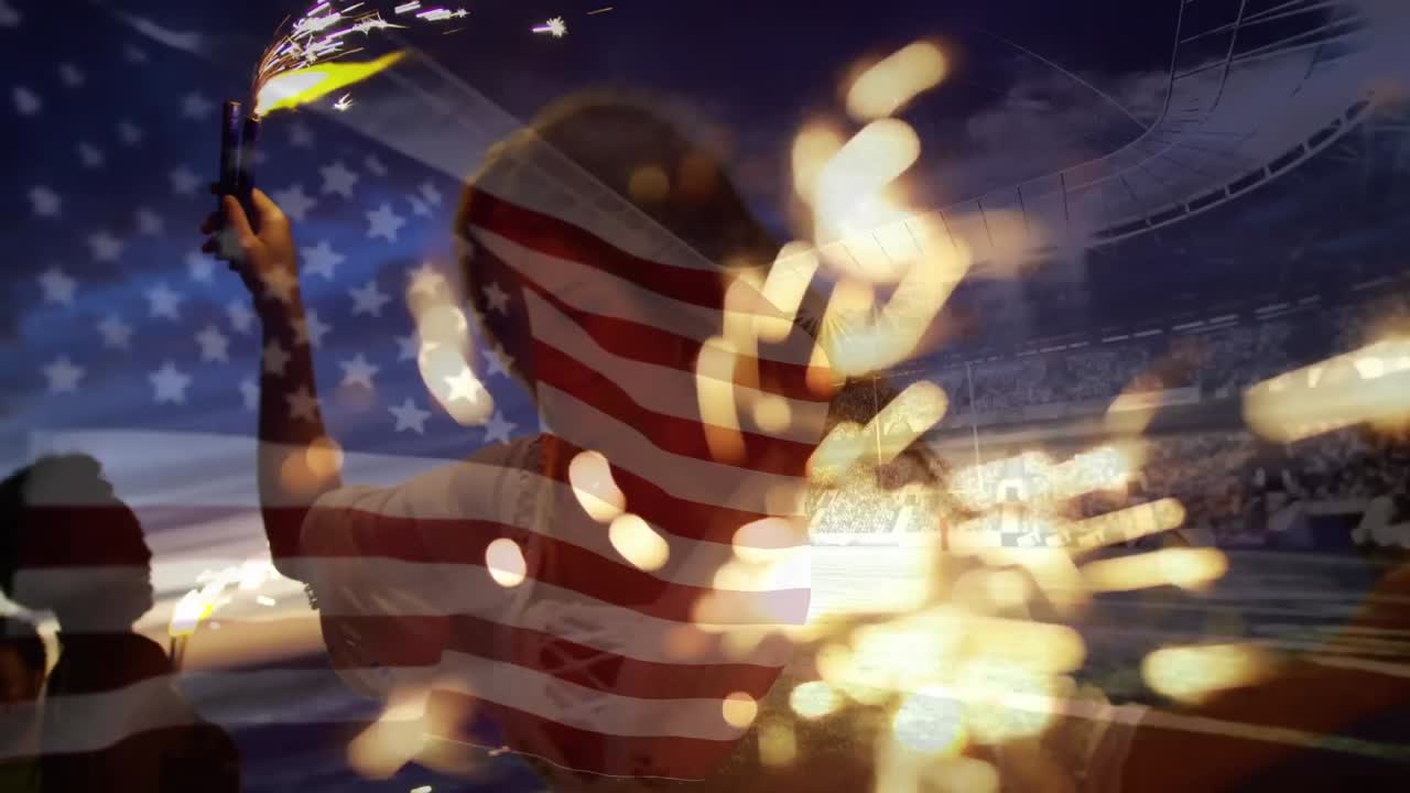 animación de ondear la bandera de ee.uu. sobre un grupo de amigos divirtiéndose en la playa y el estadio