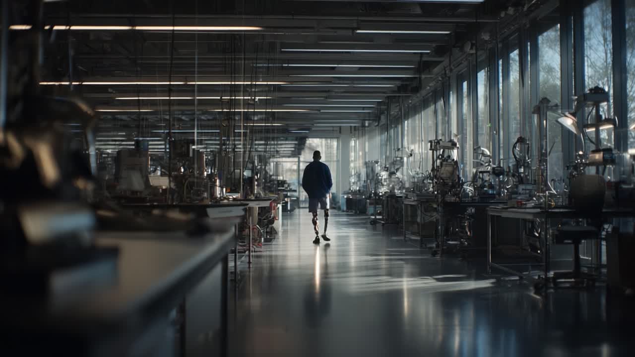 A solitary figure walks through a spacious laboratory filled with intricate equipment and bright natural light streaming through large windows