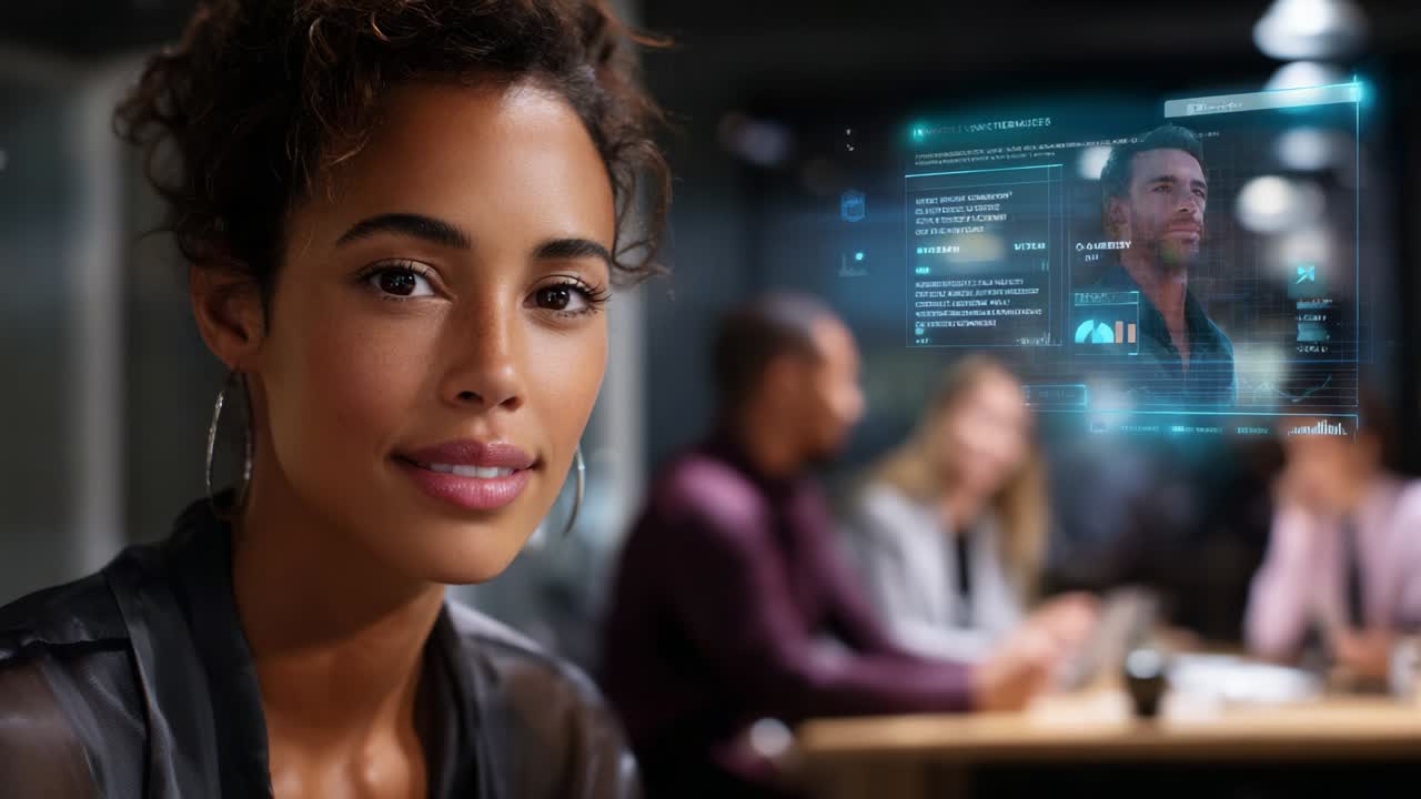 A Young Professional Engaged in a Futuristic Interface Discussion, Highlighting Data Analysis and Collaboration in a Modern Meeting Room with Colleagues and Digital Displays