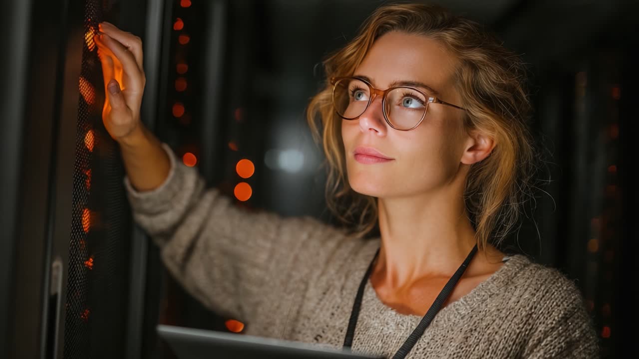 A focused individual attentively examines a rack of server equipment, illuminated by warm orange lights, showcasing the essence of modern technology and innovation