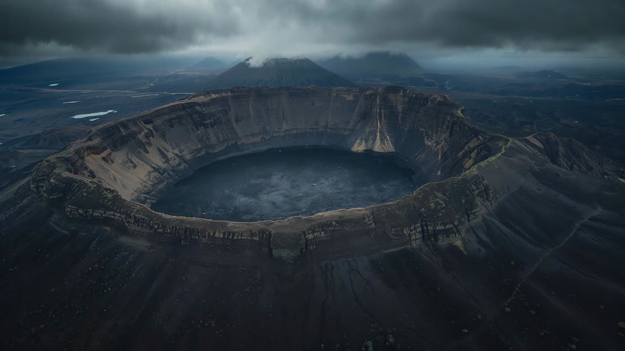 Descending drone pilot starting descent scanning circular caldera on plateau, revealing rim gullies