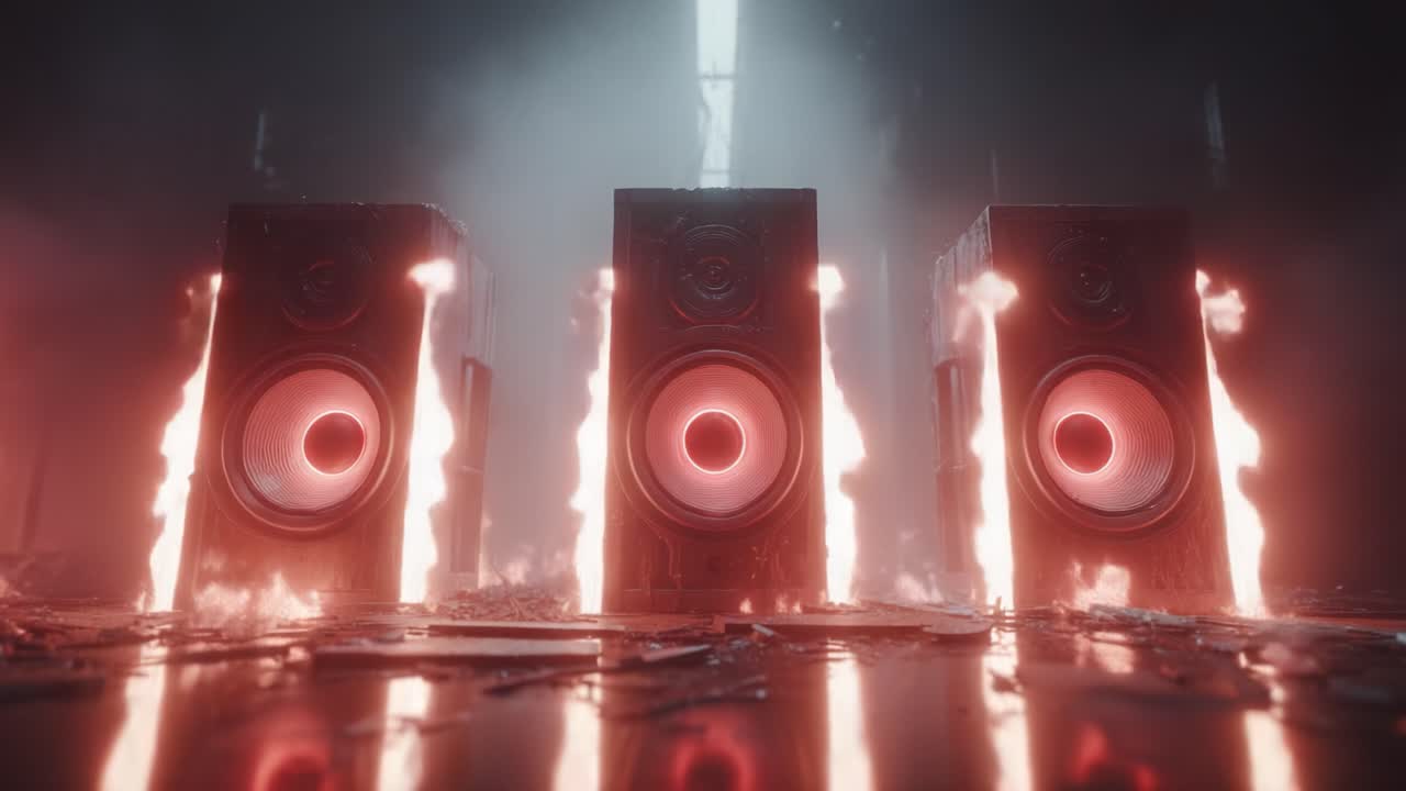 Dynamic Evolution of Audio Speakers: From Subtle Glow to Intense Flames, This Video Captures the Transformation of High-Powered Sound Systems Amidst a Fiery Atmosphere