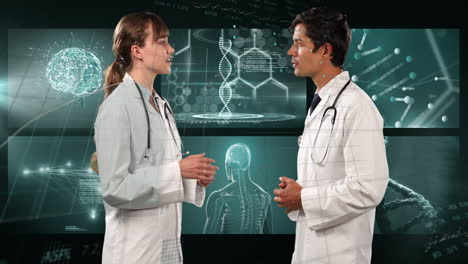 animación de médicos biraciales masculinos y femeninos sobre el procesamiento de datos