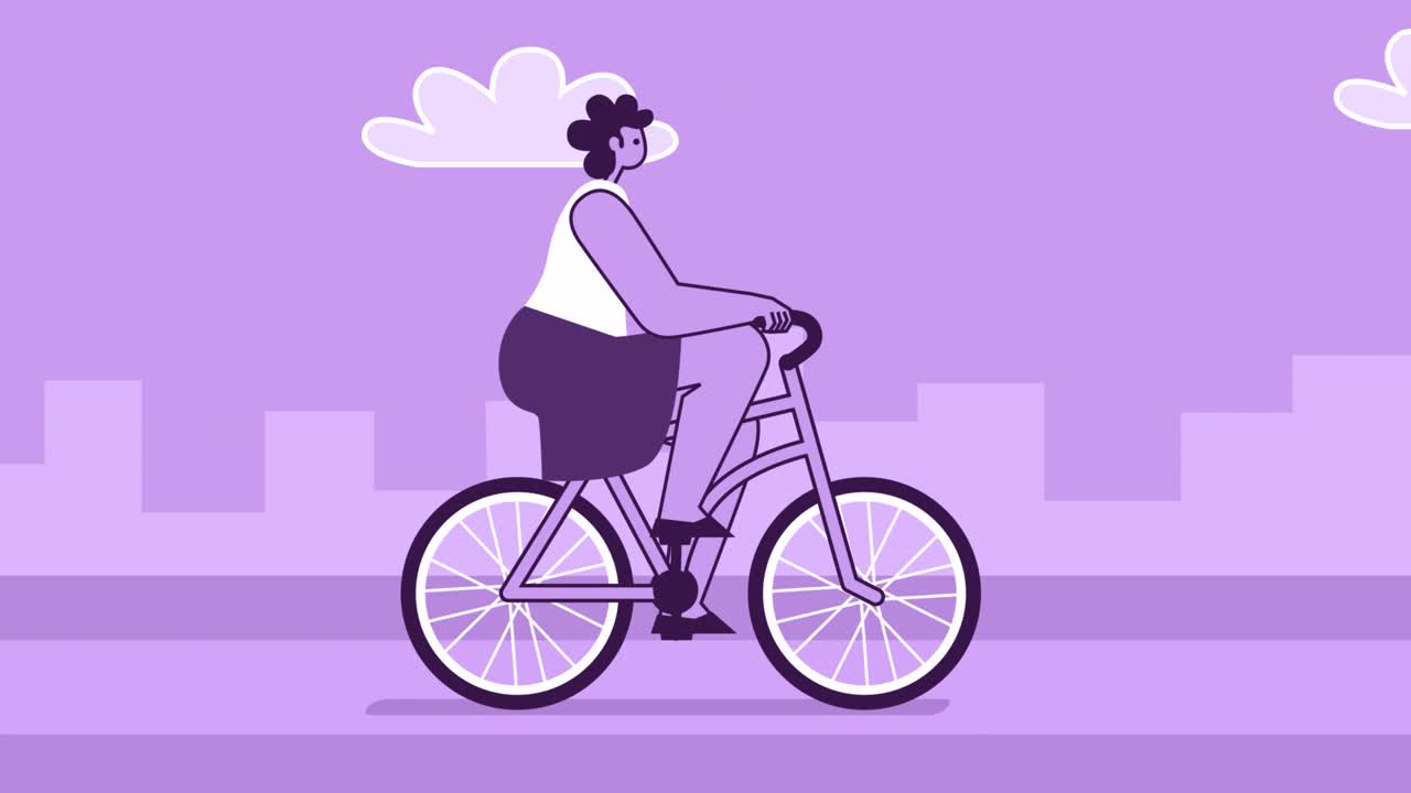 Purple Style Woman Flat Character Riding Bike. Isolated Loop Animation with Alpha Channel