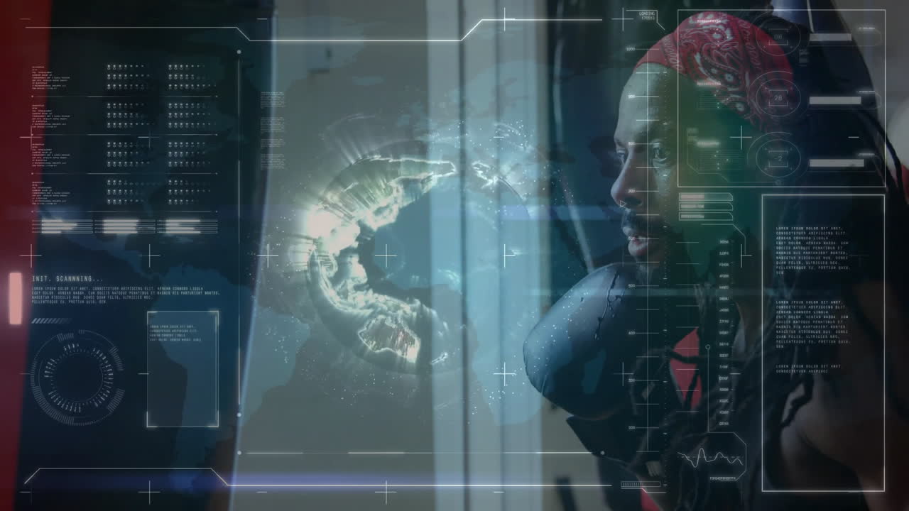 Field technician analyzing holographic globe in tech center, displaying data charts and crosshairs