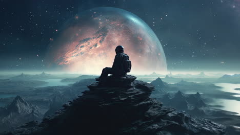 an astronaut sits on top of a mountain and looks into space against the backdrop of the planet