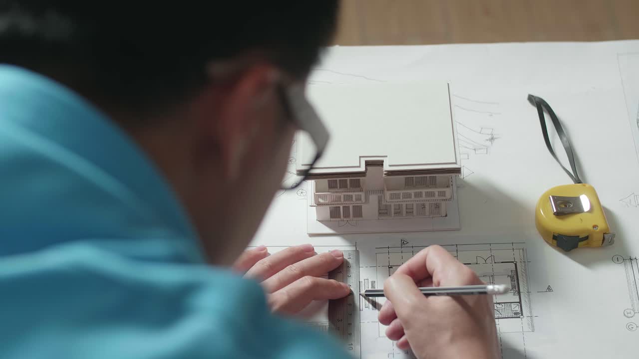 Close Up Of A Man Engineer Drawing Blueprint At The Office, Over Shoulder