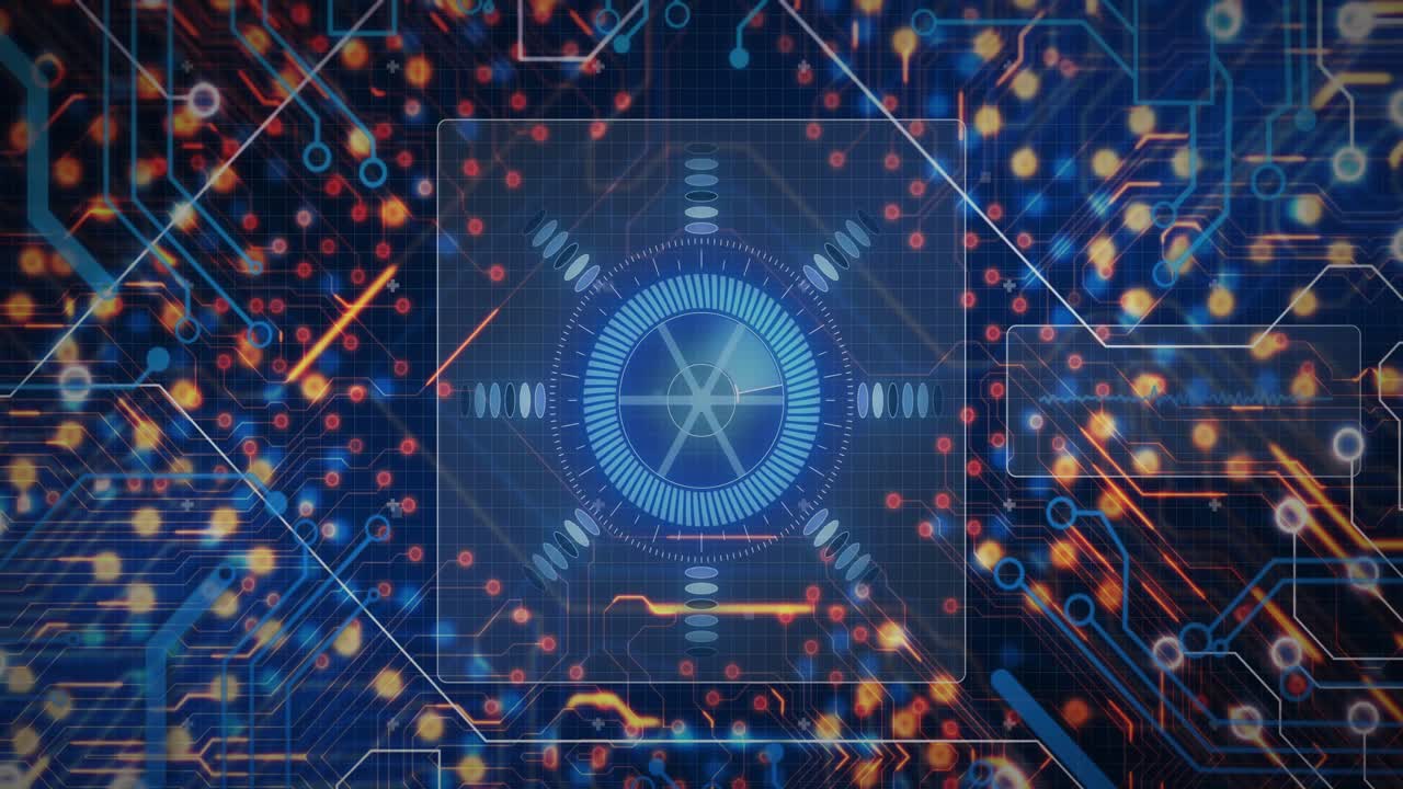 Et gitter starter, blå spor flyder til sekskantet panel, målernoder lyser pulserende og viser dataflow.