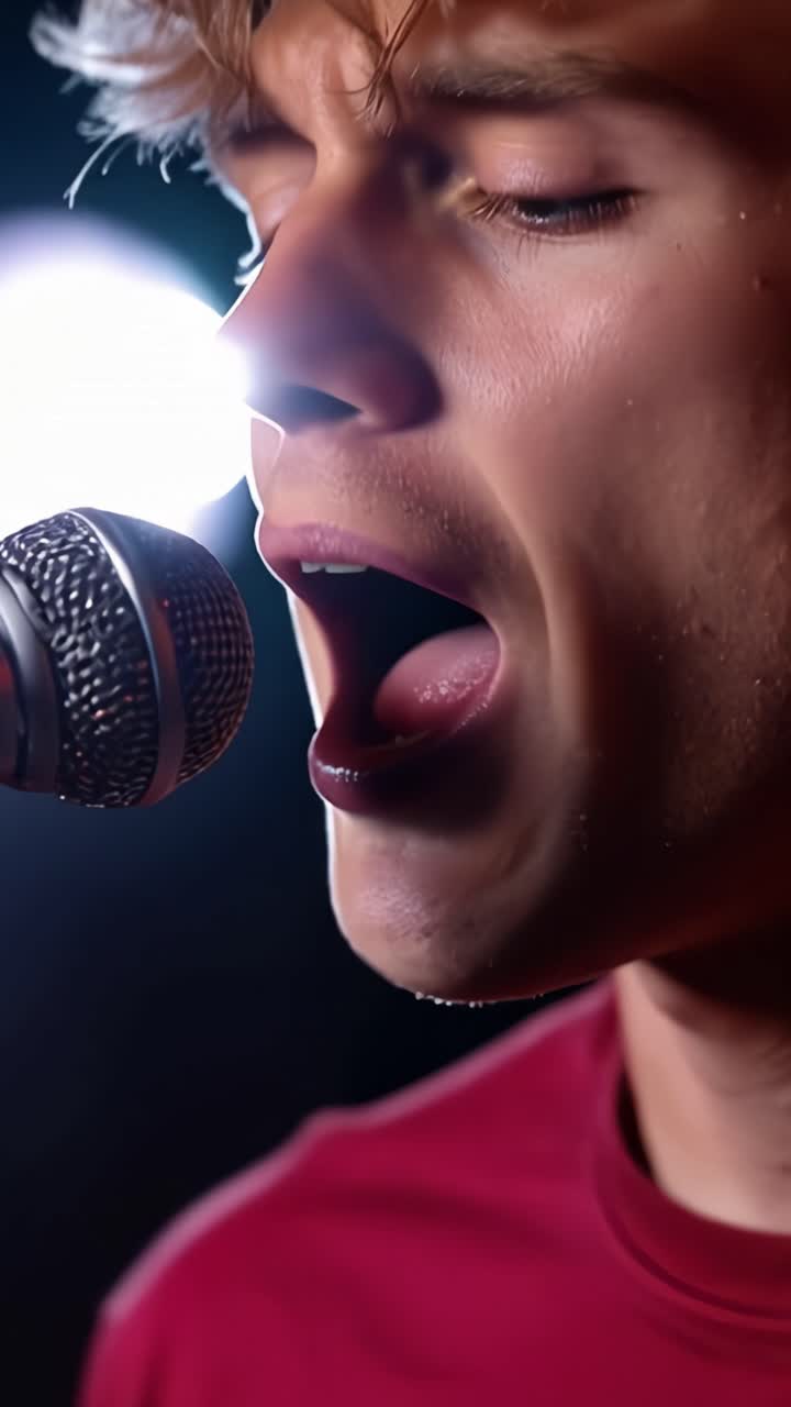 Captivating performance: A young artist passionately singing into a microphone, showcasing emotion and connection with his audience during a live music experience