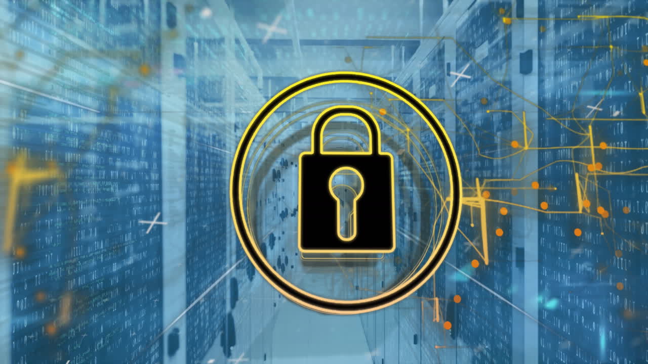 Animation of padlock in circle and navigation pattern over binary codes on data server racks