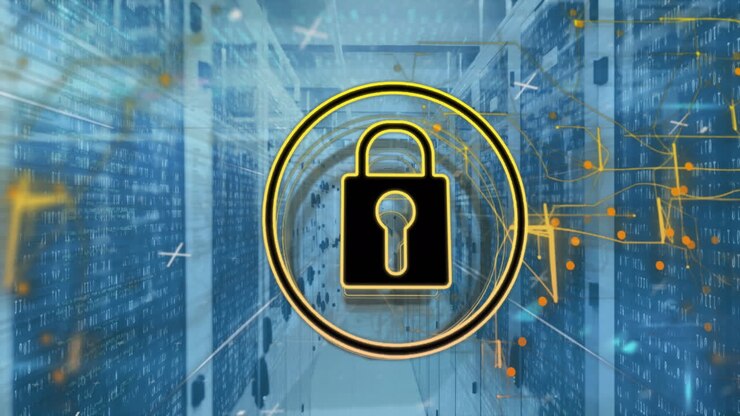 Animazione di lucchetto in cerchio e motivo di navigazione su codici binari su rack di server dati
