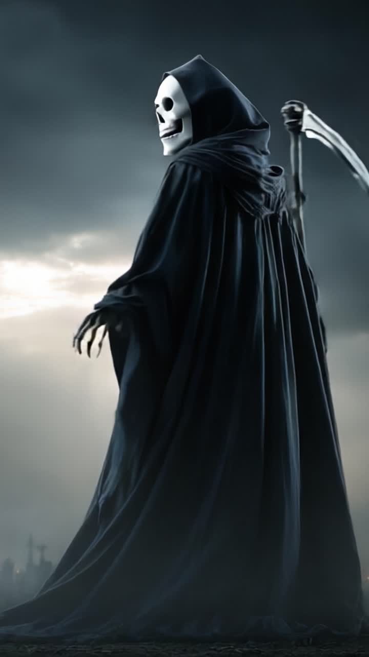 A Mysterious Figure in a Cloak Emerges from the Shadows, Progressing from Darkness to Light with a Sinister Presence and a Scythe in Hand