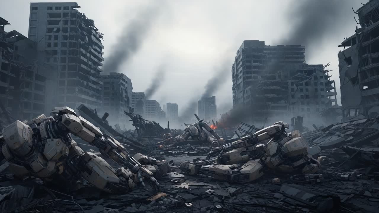 A haunting glimpse of a post-apocalyptic cityscape where robotic remnants lie scattered amidst the ruins of once-thriving buildings and billowing smoke, evoking a sense of desolation.