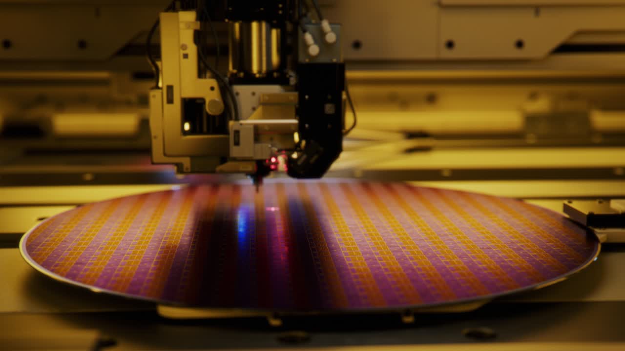 Foto macro de Wafer de Silício sendo processado em uma Fundição de Semicondutores, que produz Chips de Computador