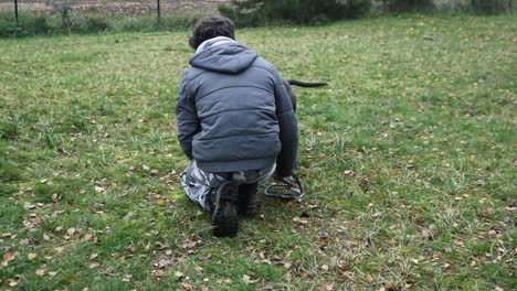 boy playing with his stafford dog in the garden during autumn