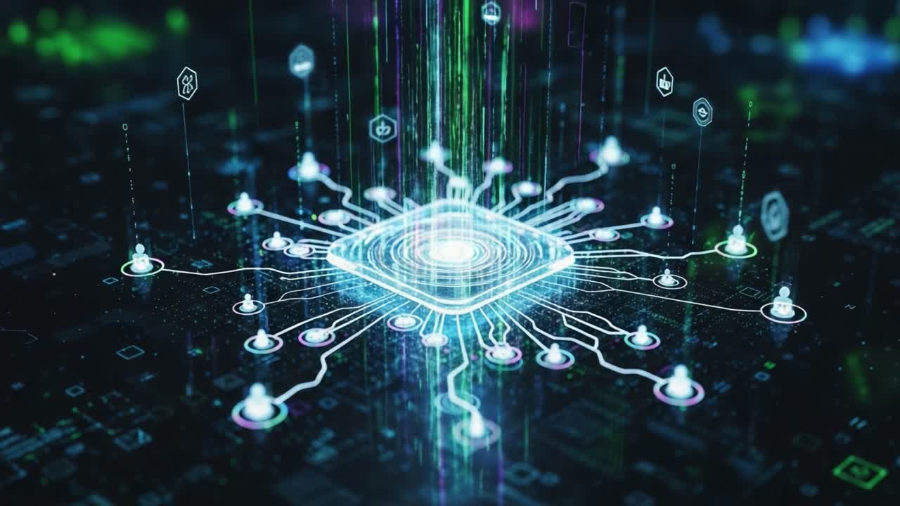 Illuminating the Future: A Stunning Visual Representation of the Central Processing Unit (CPU) with Radiating Connections and Data Streams in an Abstract Digital Landscape