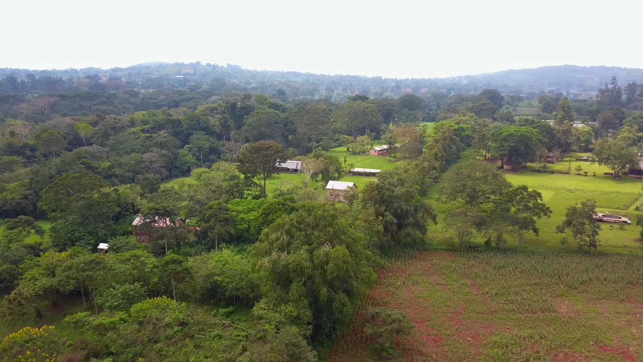 Luftfoto af huse på en gård nær den tætte skov i Mukono, Uganda.