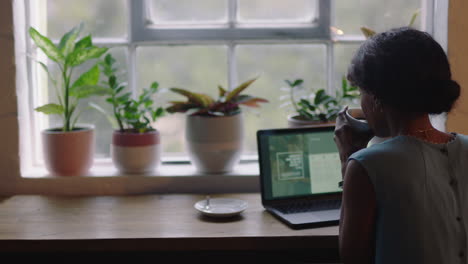 Mujer-De-Negocios-Negra-Exitosa-Usando-Una-Computadora-Portátil-Trabajando-Hasta-Tarde-En-El-Documento-Del-Proyecto-Navegando-Por-La-Investigación-En-Línea-Intercambiando-Ideas-Para-La-Estrategia-De-Planificación-De-Pequeñas-Empresas-En-La-Cafetería