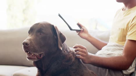 Hombre-Birracial-Feliz-Acariciando-A-Un-Perro-Y-Usando-Una-Tableta-En-Casa,-Cámara-Lenta