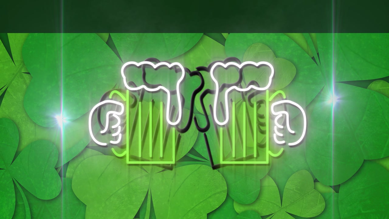Neon trace drawing beer mug outlines, neon mugs tilting to clink to toast shamrock backdrop