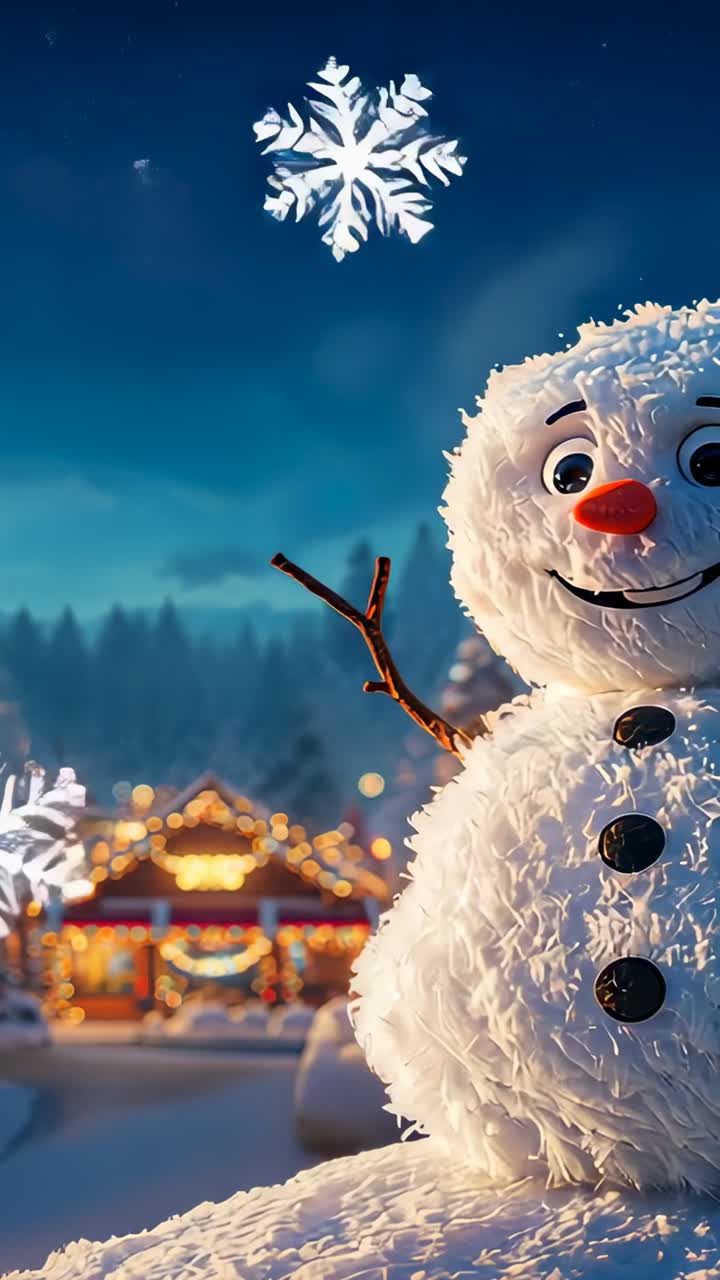 Vertical video: Fading snowflakes drifting past snowman by lit cabin lights for holiday, copy space