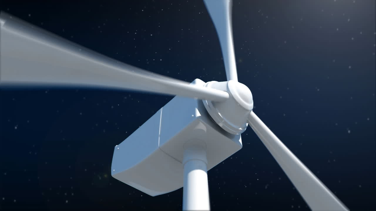 Animation of wind turbine rotating on black backgroung