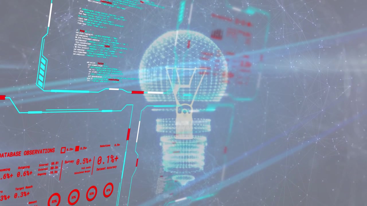 Holographic interface initializing, revealing bulb while HUD sliding, filling data, showing metrics