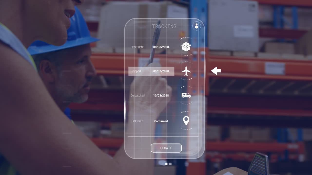 animación de procesamiento de datos contra supervisores caucásicos masculinos y femeninos discutiendo en el almacén
