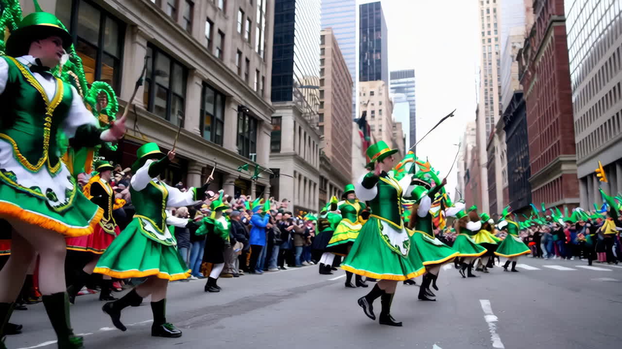 Irish Dancers and Participants in a St. Patrick's Day Parade on a City Street