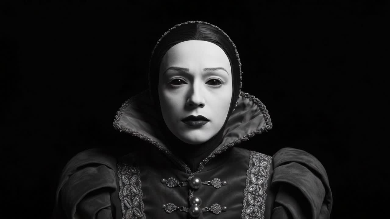 A Mysterious Figure in Monochrome: A Haunting Portrait of Enigma and Elegance, Capturing an Eerie Yet Captivating Character with Striking Features and Emotions