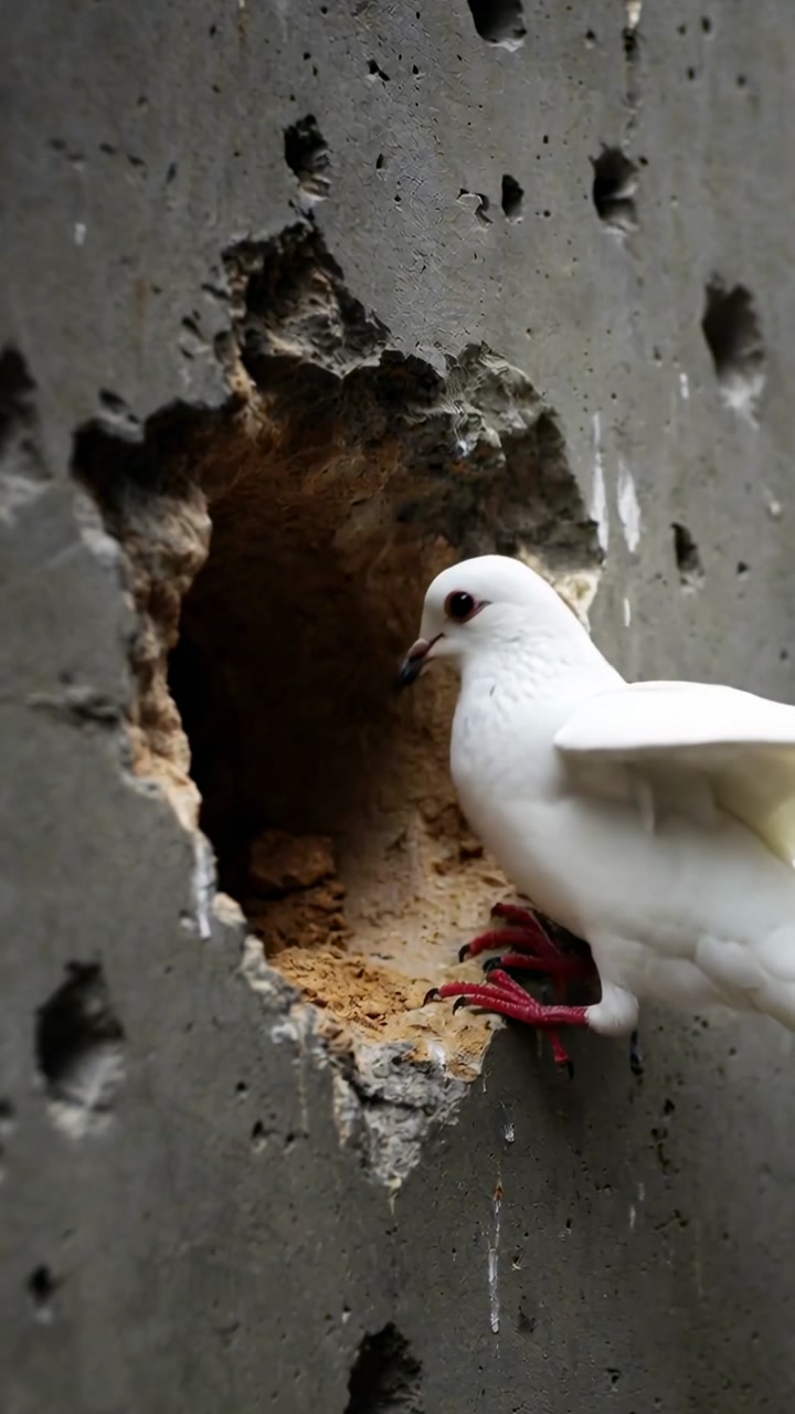 Vertical video: Entering white dove red feet landing wall ledge checking sand cavity, copy space