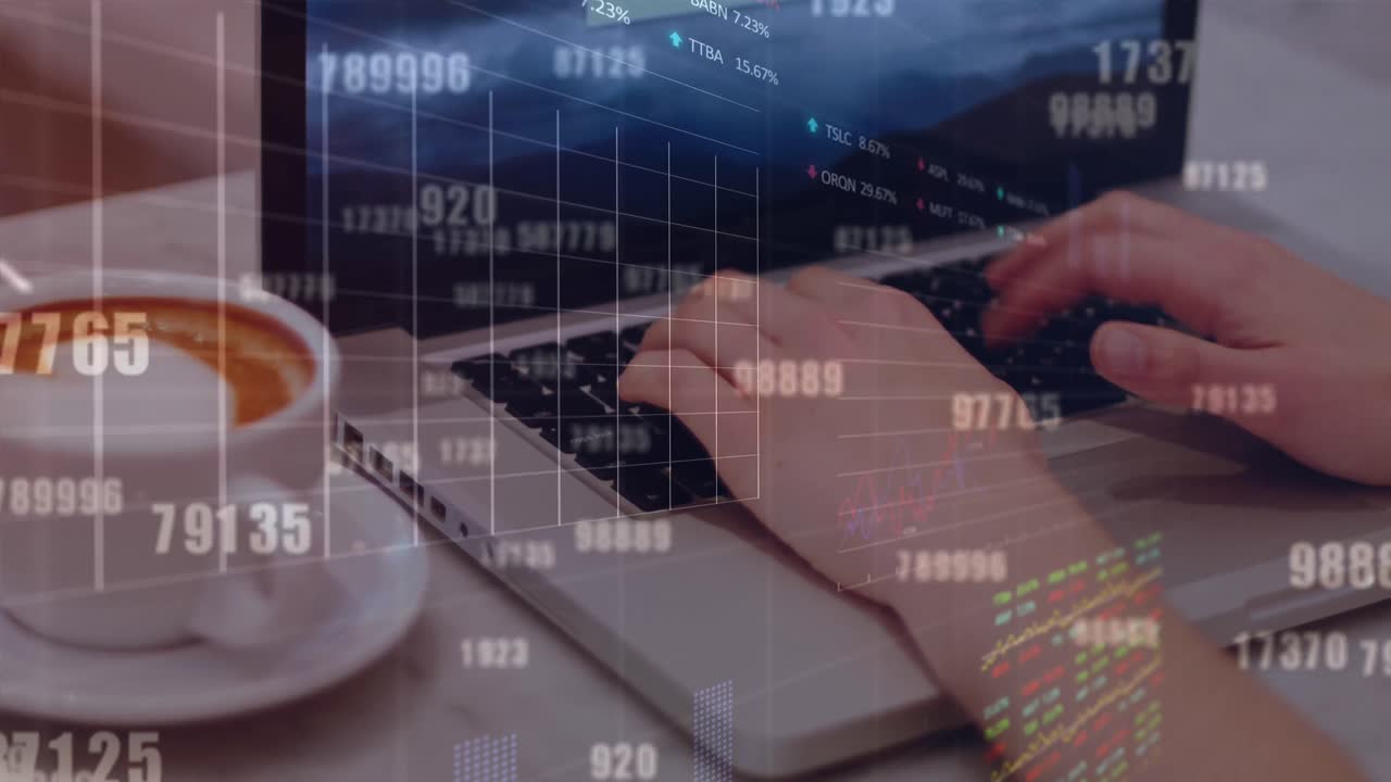 Animation of changing numbers, stock market data processing over mid section of woman using laptop