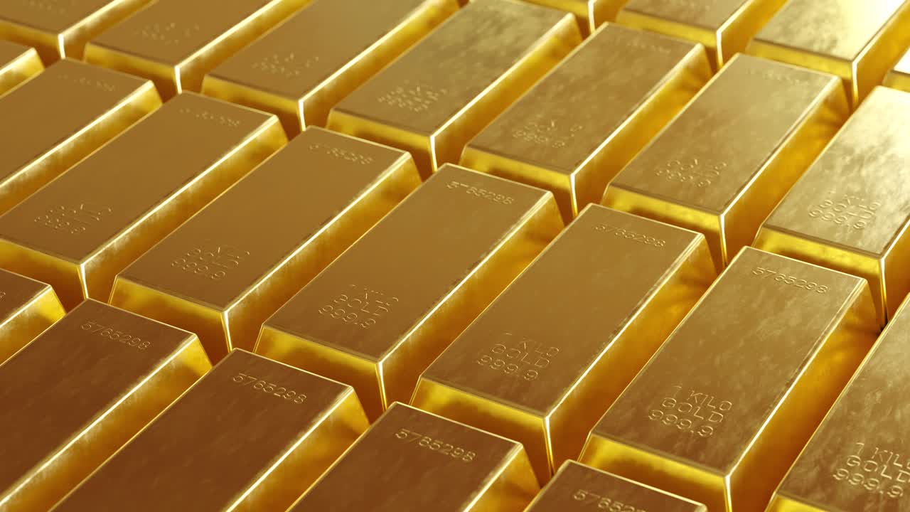 3D animation loop of many gold bars arranged in rows