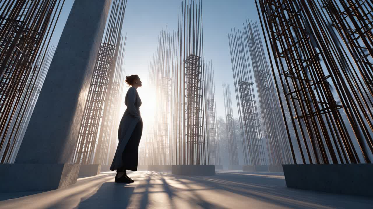 A Contemplative Journey: A Figure Navigates Through an Abstract Landscape of Rising Structures and Soft Light, Evoking Reflection and Discovery