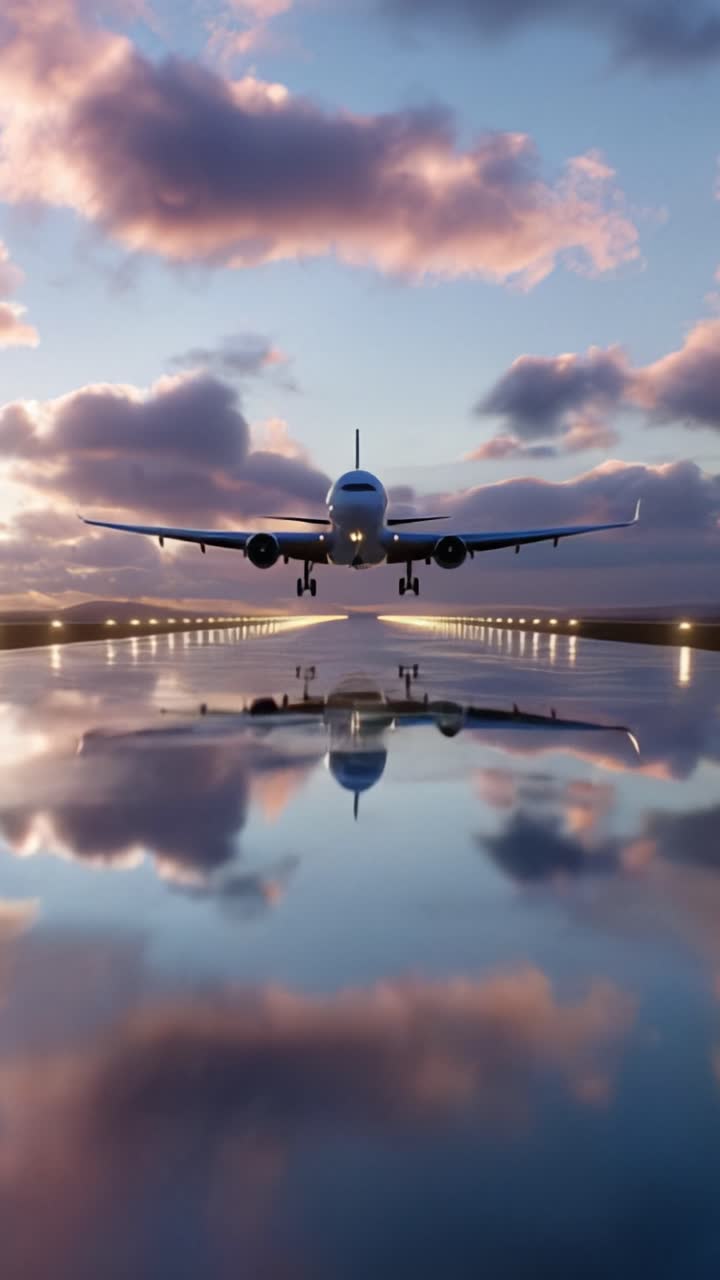 Maestoso aereo che decolla al tramonto su una pista riflettente, circondato da nuvole colorate e cieli vivaci, catturando l'essenza della libertà dell'aviazione.