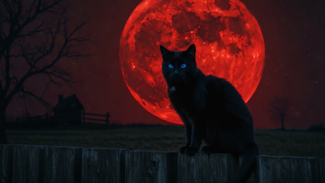 A Mysterious Black Cat with Piercing Blue Eyes Posing Against a Striking Red Full Moon in an Enigmatic Night Scene