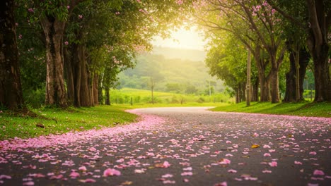 a serene pathway covered in blossom petals under a gentle glow of sunset, surrounded by lush trees and tranquil nature