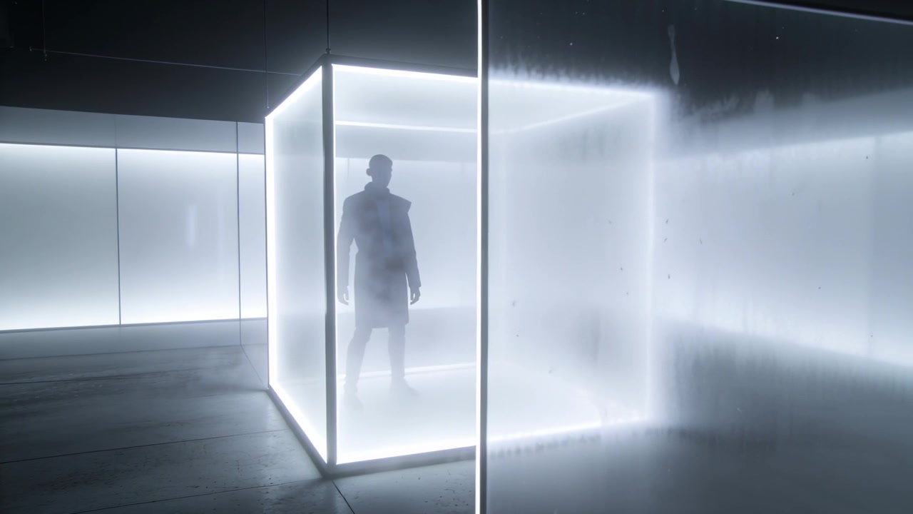 Responding to gallery cue, walking man wearing dark coat stepping inside frosted cube with fog