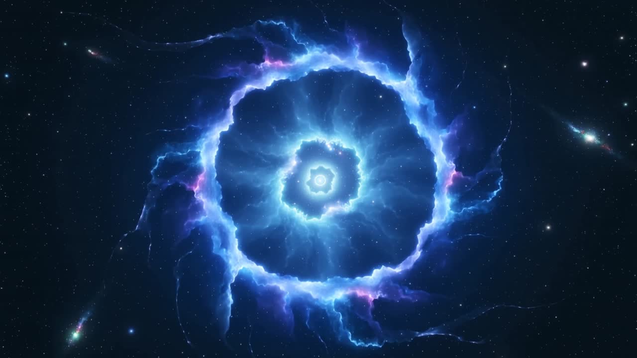 Pulsing core causing nebula expanding in outer space, with blue tendrils, small stars, edge streaks