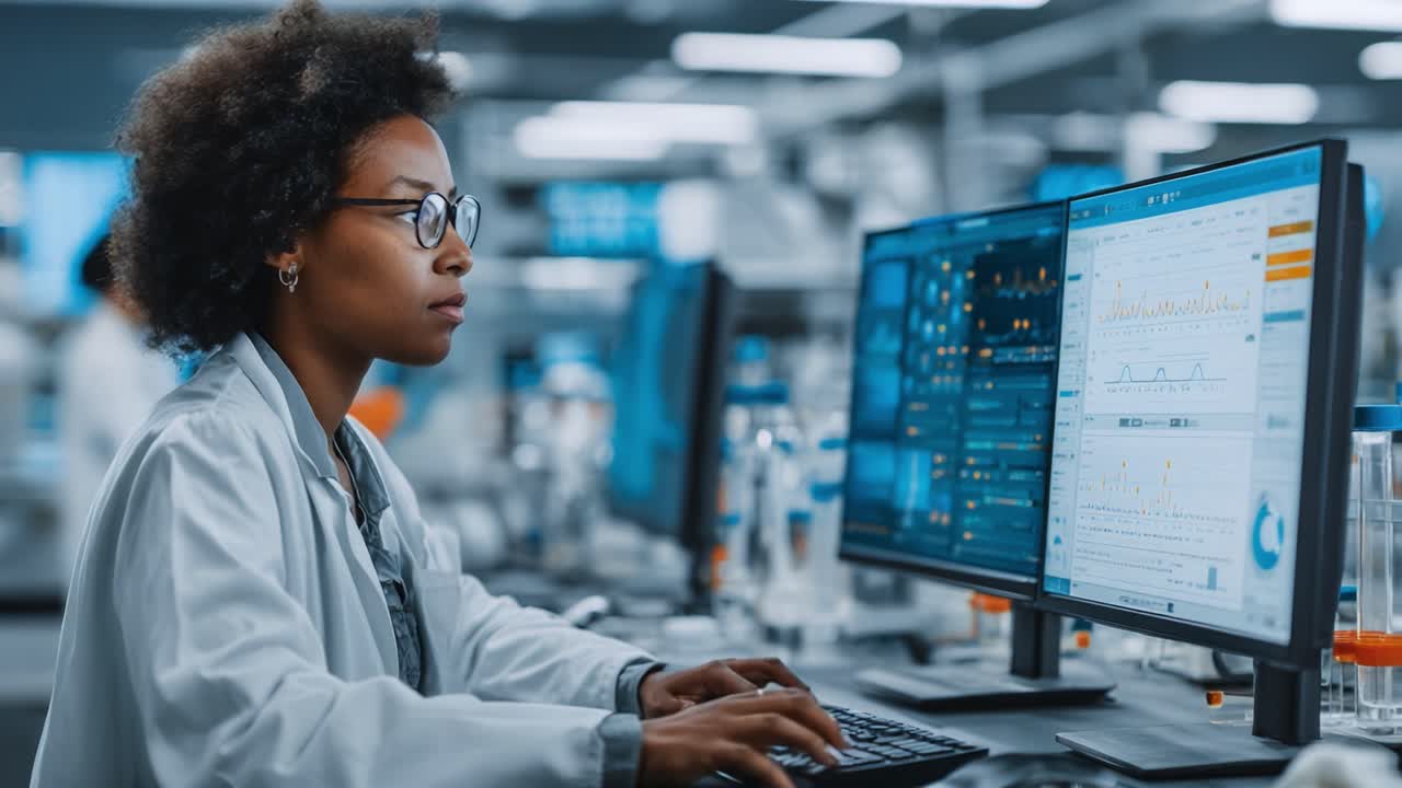 Focused Scientist Analyzing Data on Multiple Monitors in a Modern Laboratory Setting, Harnessing Technology for Research and Innovation in Science