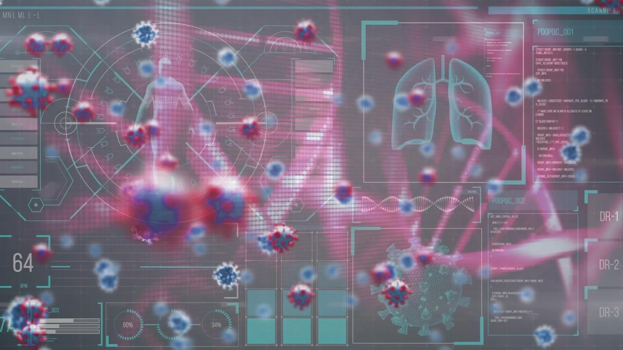 Animation of covid 19 virus cells over data processing on grey background