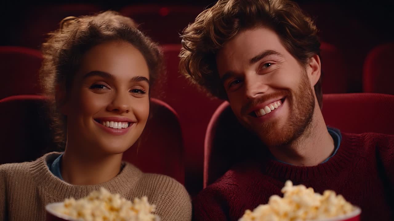 A Joyful Movie Experience: A Couple Enjoying Each Other's Company While Sharing Popcorn in a Cozy Cinema Setting